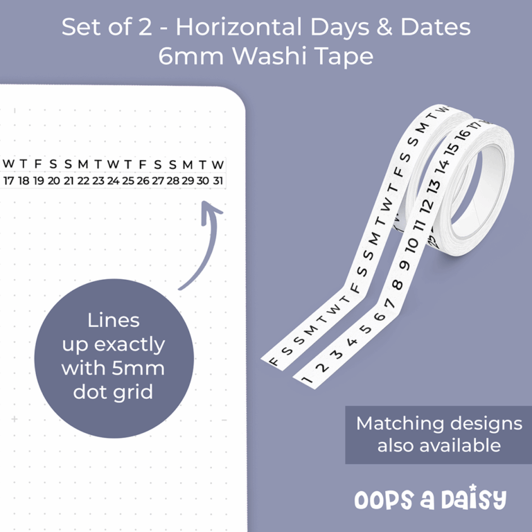 W102 W103 - Horizontal White Days Numbers Skinny Washi Tape ICON
