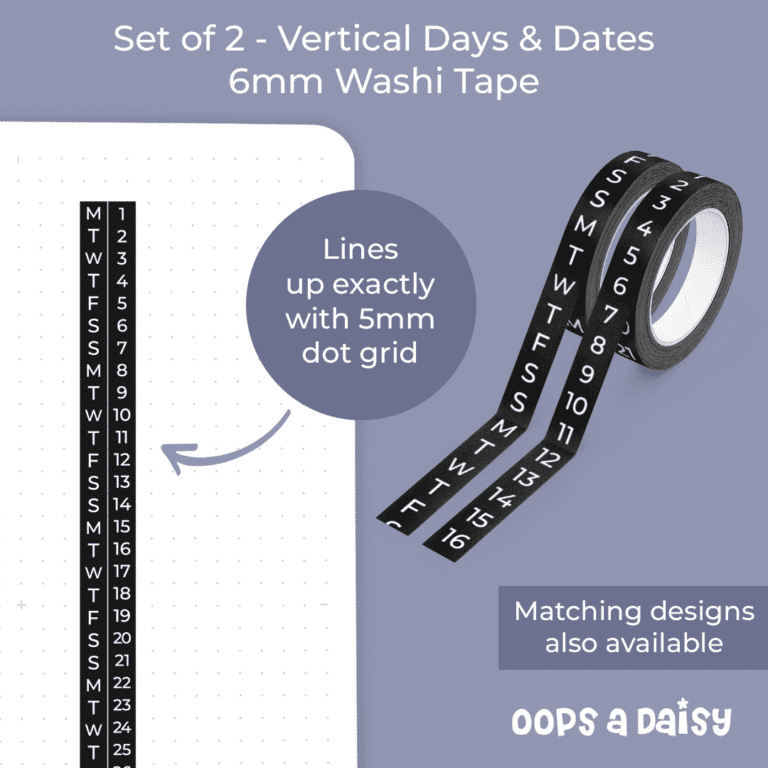 W153 W152 - Vertical Days & Numbers Black Skinny Washi Tape ICON
