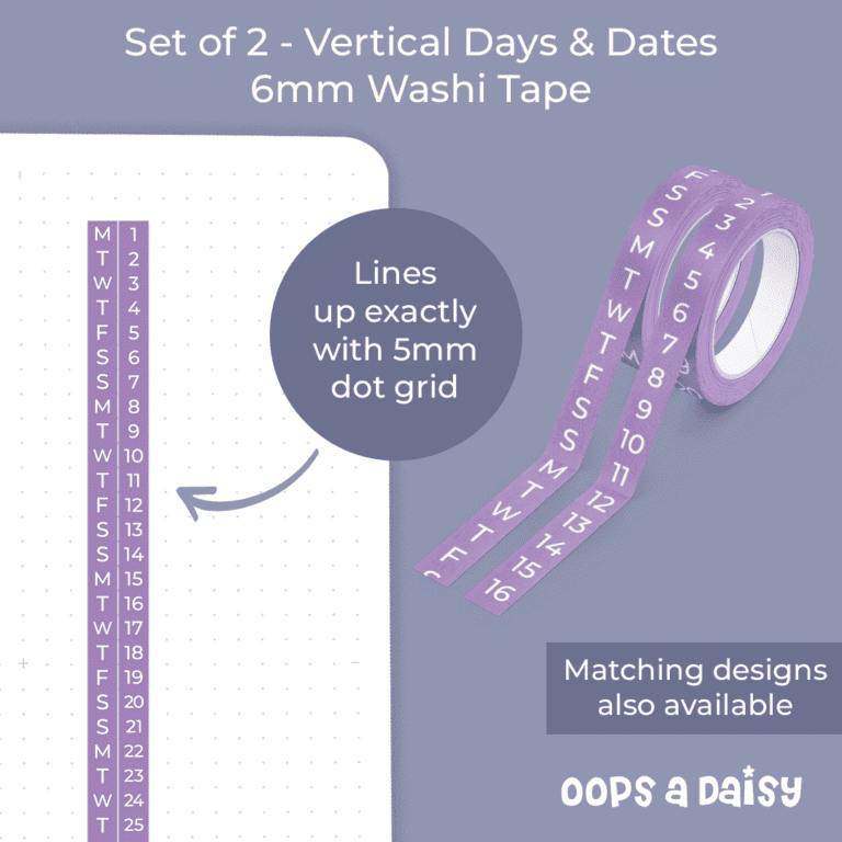 W157 W156 - Vertical Days & Numbers Purple Skinny Washi Tape ICON